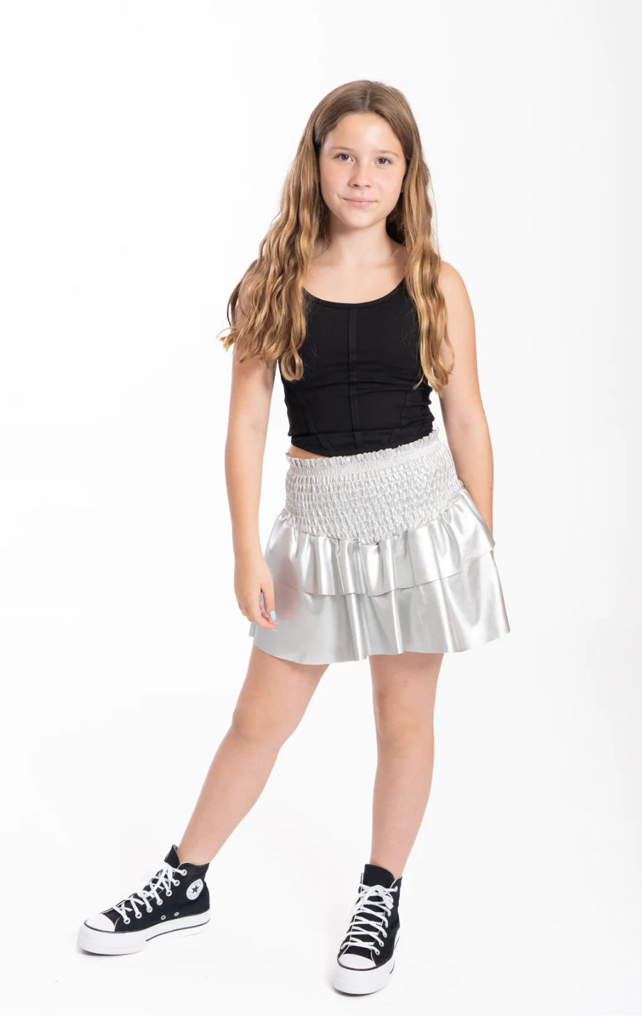 SMOCKED FAUX LEATHER SKIRT | SILVER