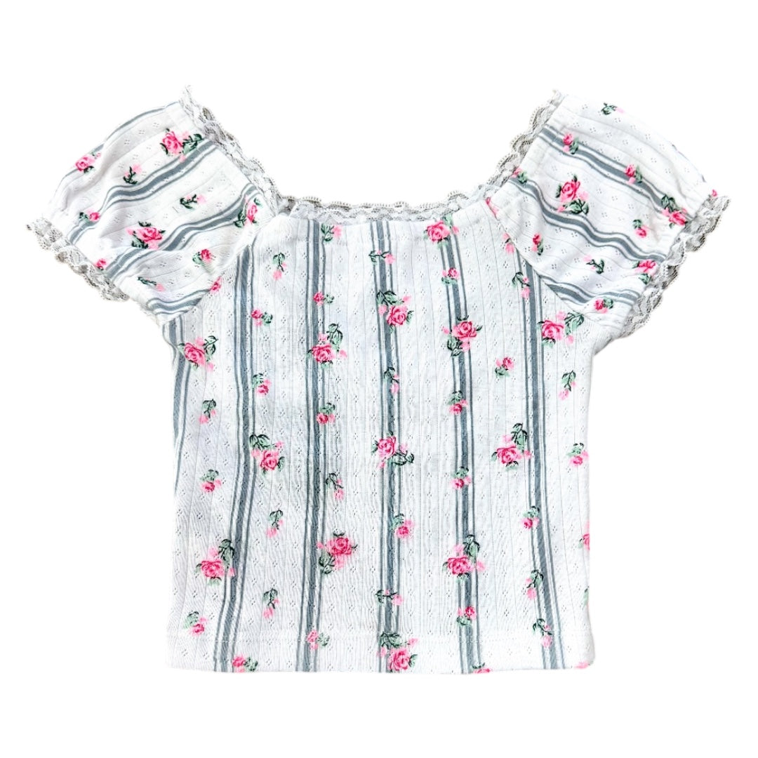 PINSTRIPE TOILE LACE-TRIM TEE