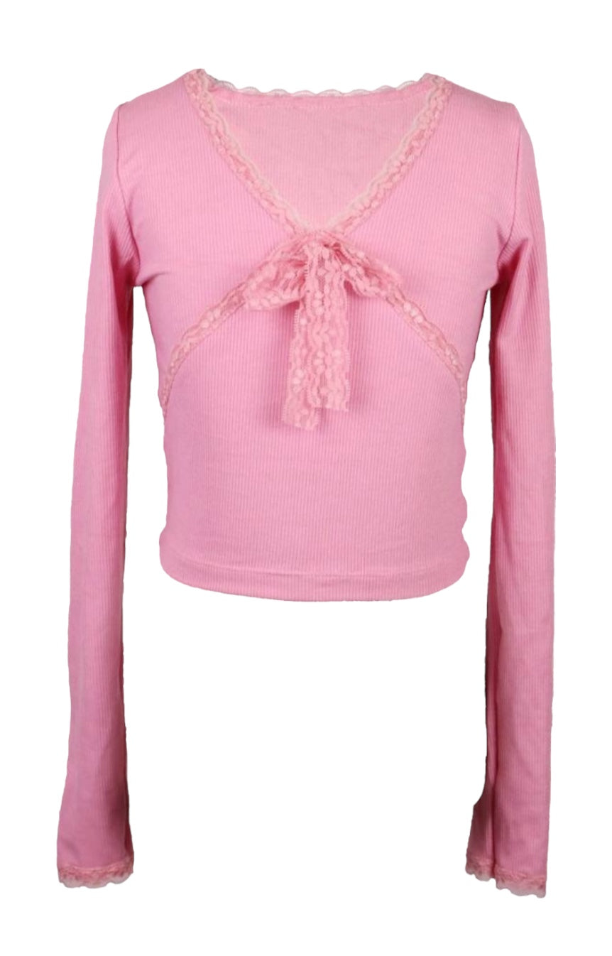 PINK LACE TIE L/S TOP