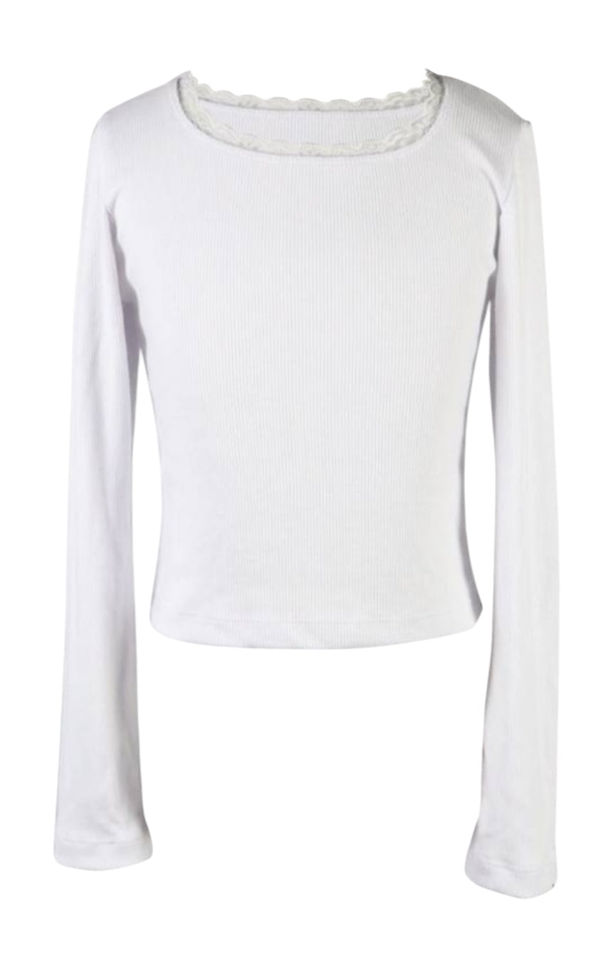 WHITE LACE TRIM L/S TOP