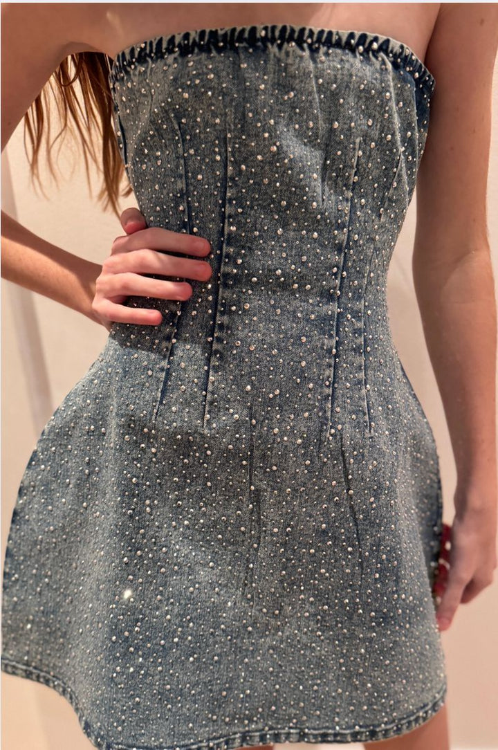 DEMI DENIM STUDDED CRYSTAL STRAPLESS DRESS