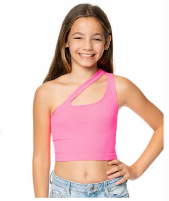 ONE SHOULDER CROP TANK TOP - NEON ROSE