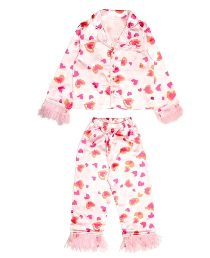 HEART PRINT LOUNGEWEAR SET W/ FEATHERED TRM