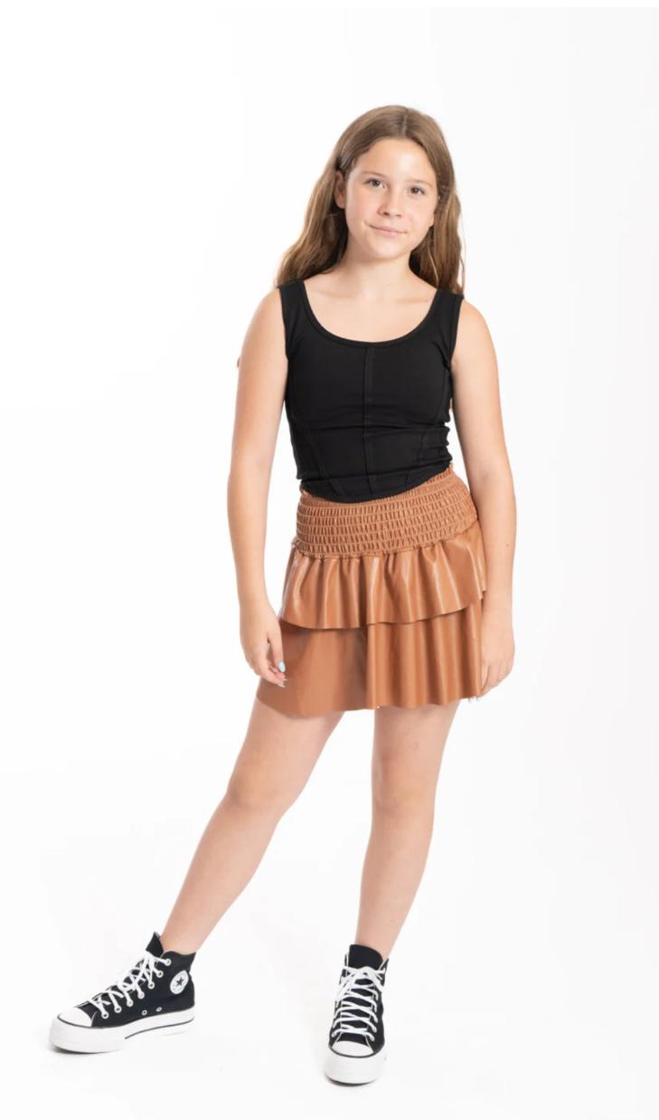 SMOCKED FAUX LEATHER SKIRT | CAMEL