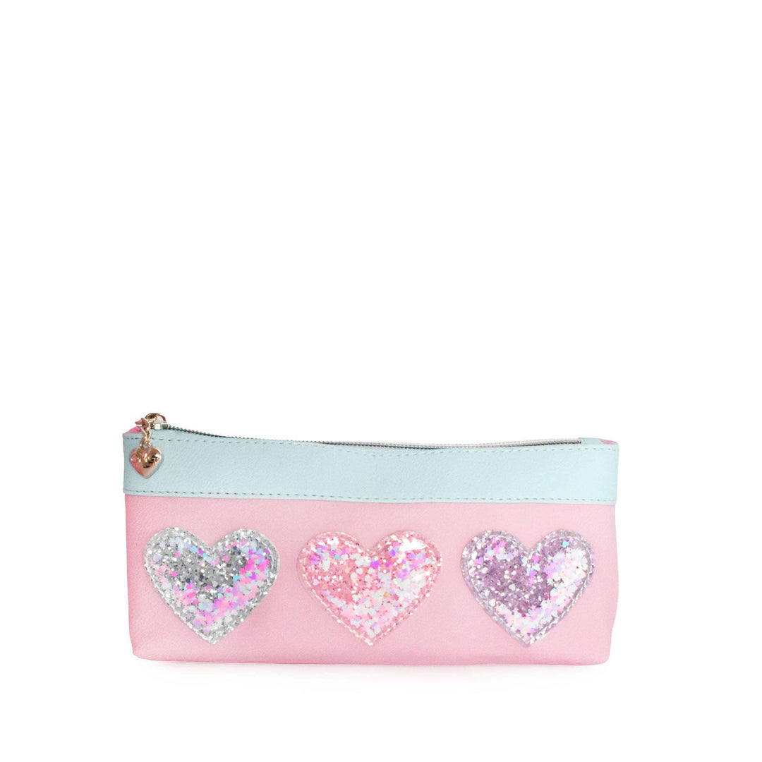 CONFETTI HEART PATCHED COLOR BLOCK LARGE BACKPACK WITH PENCIL CASE