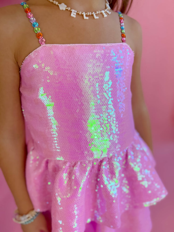 PINK TIERED SEQUIN DRESS