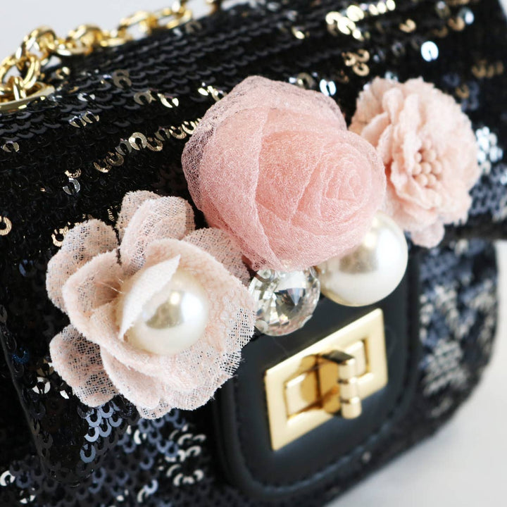 FLORAL APPLIQUES SEQUIN PURSE | BLACK