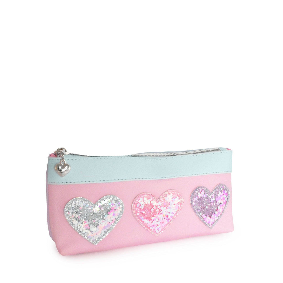 CONFETTI HEART PATCHED COLOR BLOCK LARGE BACKPACK WITH PENCIL CASE