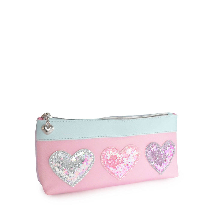 CONFETTI HEART PATCHED COLOR BLOCK LARGE BACKPACK WITH PENCIL CASE