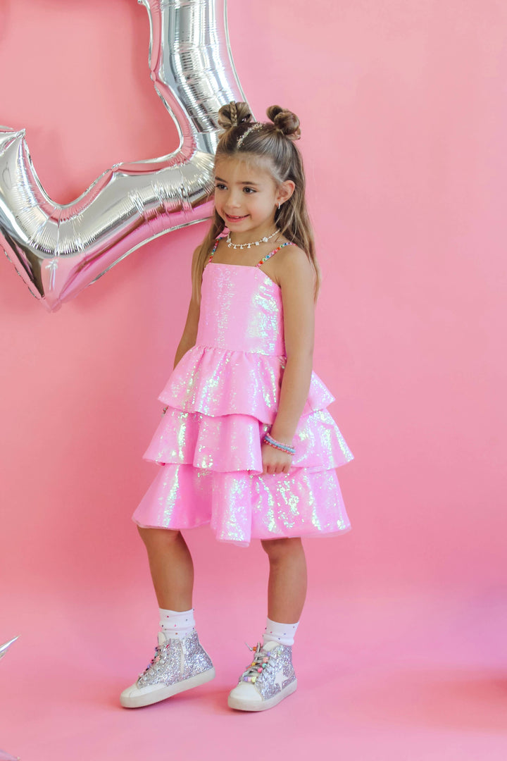 PINK TIERED SEQUIN DRESS