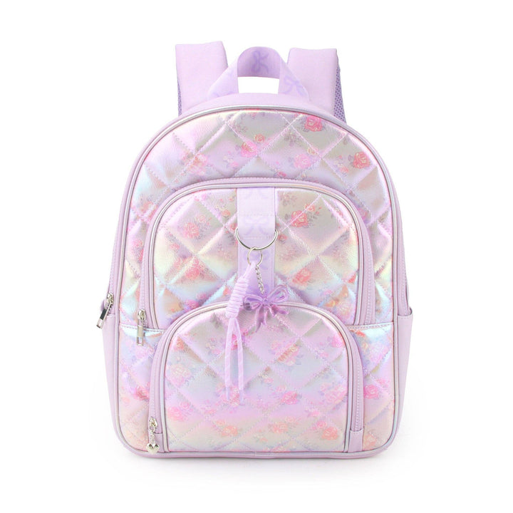 METALLIC FLORAL PRINT  QUILTED LARGE BACKPACK WITH CHARM