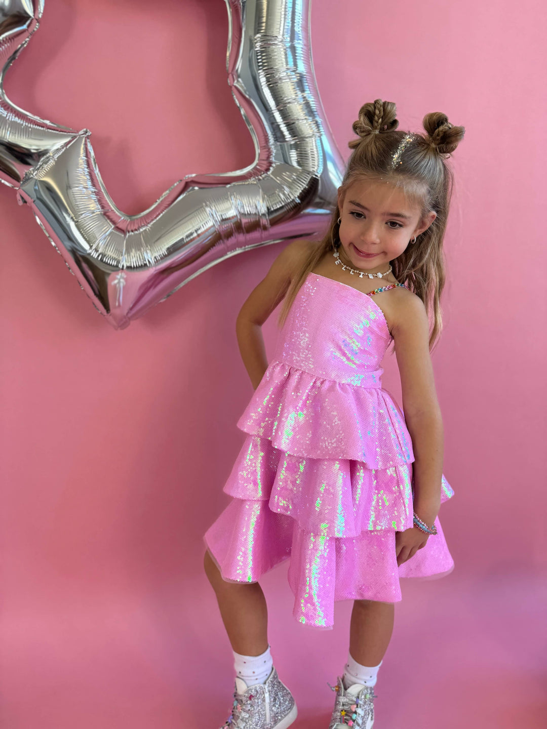 PINK TIERED SEQUIN DRESS