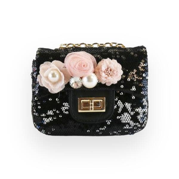 FLORAL APPLIQUES SEQUIN PURSE | BLACK