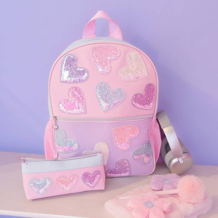 CONFETTI HEART PATCHED COLOR BLOCK LARGE BACKPACK WITH PENCIL CASE