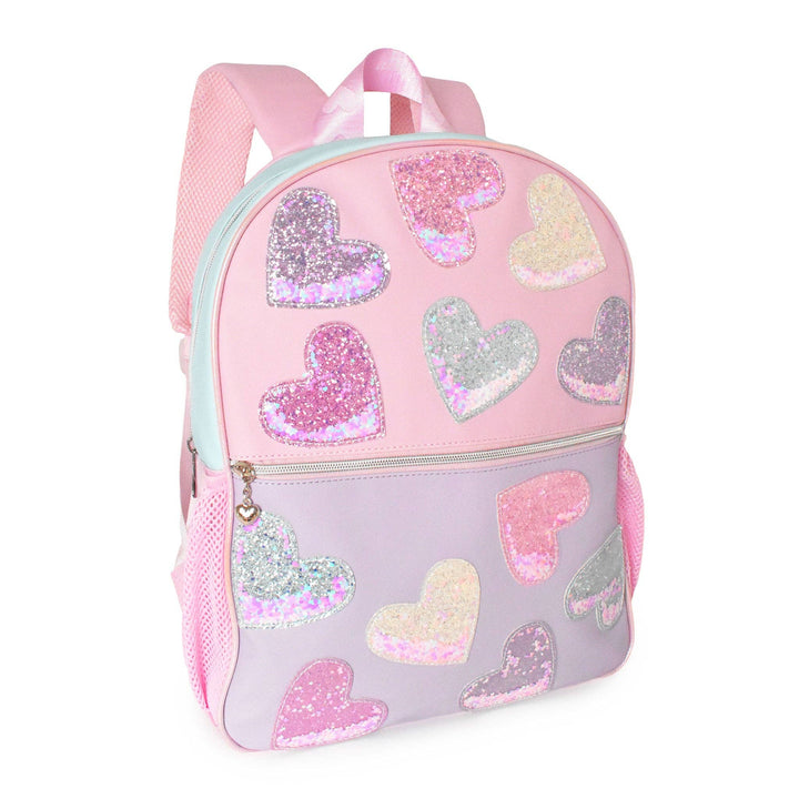 CONFETTI HEART PATCHED COLOR BLOCK LARGE BACKPACK WITH PENCIL CASE