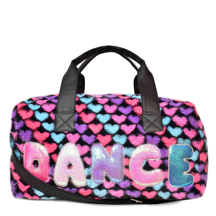 "DANCE" HEART PRINT FAUX FUR MEDIUM DUFFLE BAG