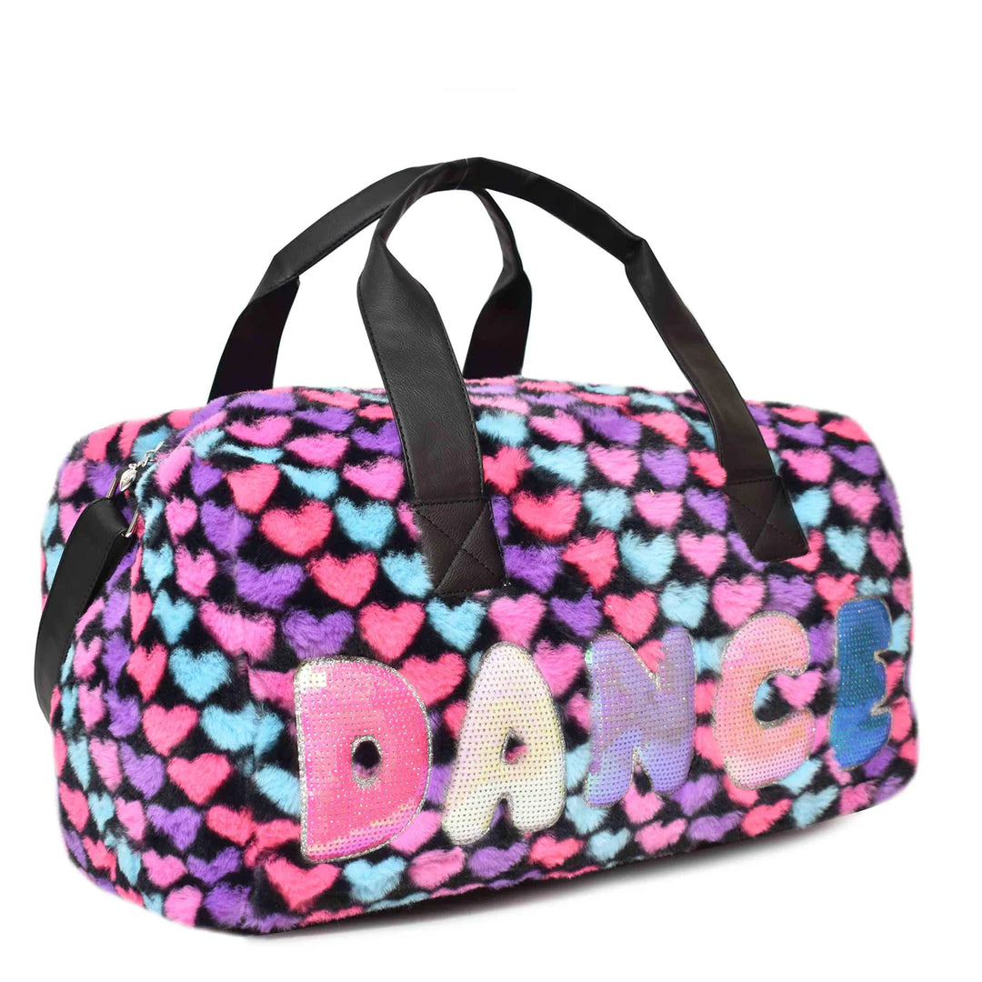 "DANCE" HEART PRINT FAUX FUR MEDIUM DUFFLE BAG