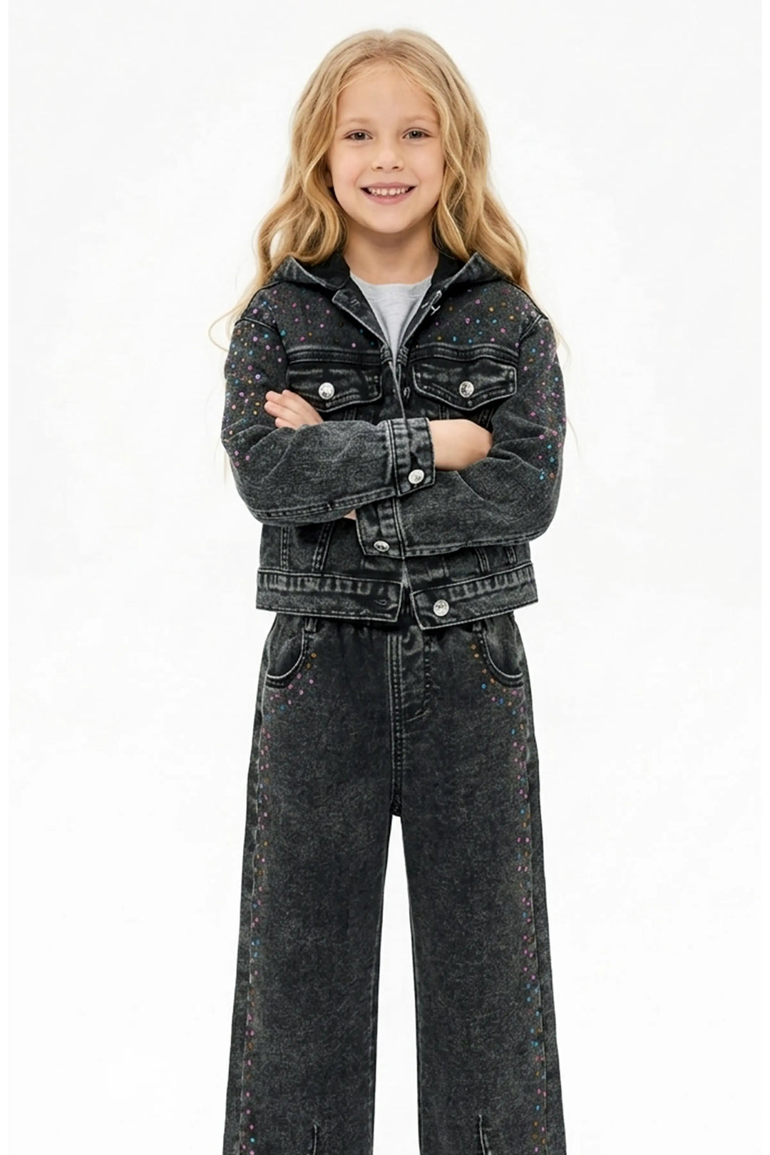 HOODED DENIM JACKET W/ RHINESTONES
