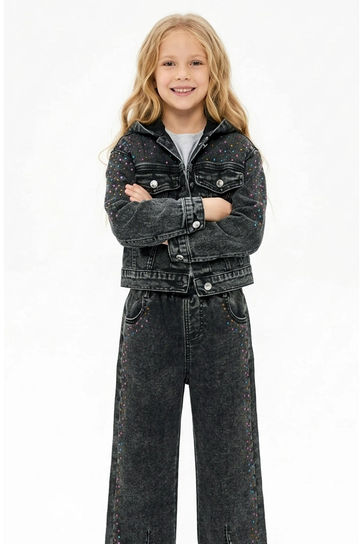 HOODED DENIM JACKET W/ RHINESTONES