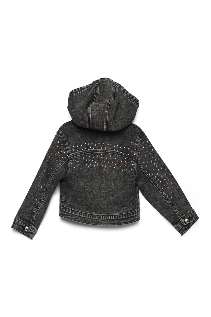 HOODED DENIM JACKET W/ RHINESTONES