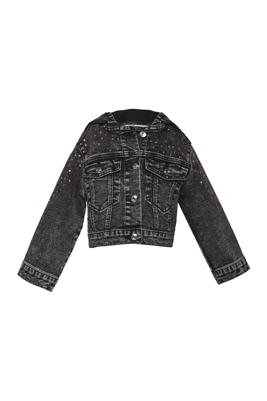 HOODED DENIM JACKET W/ RHINESTONES