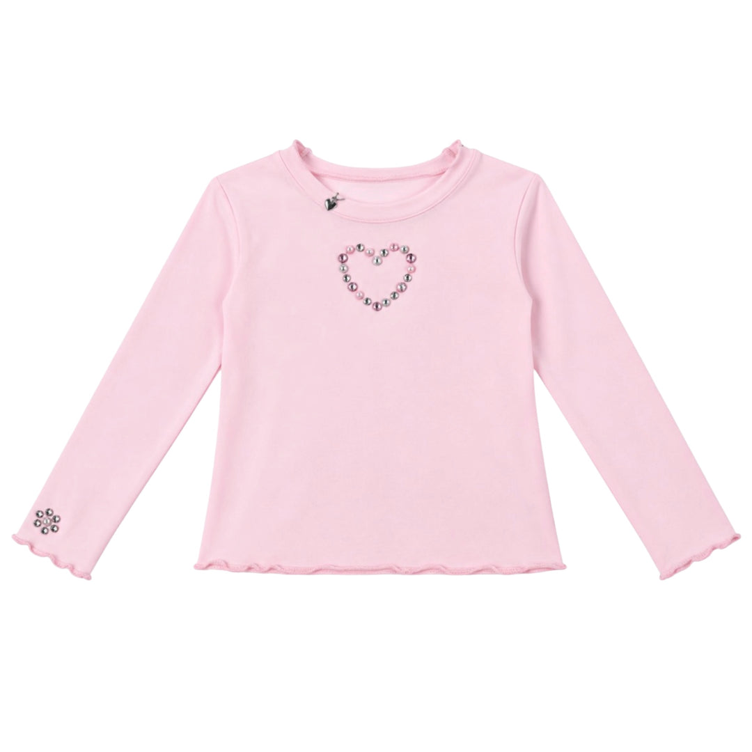PINK HEART JEWELED L/S TEE