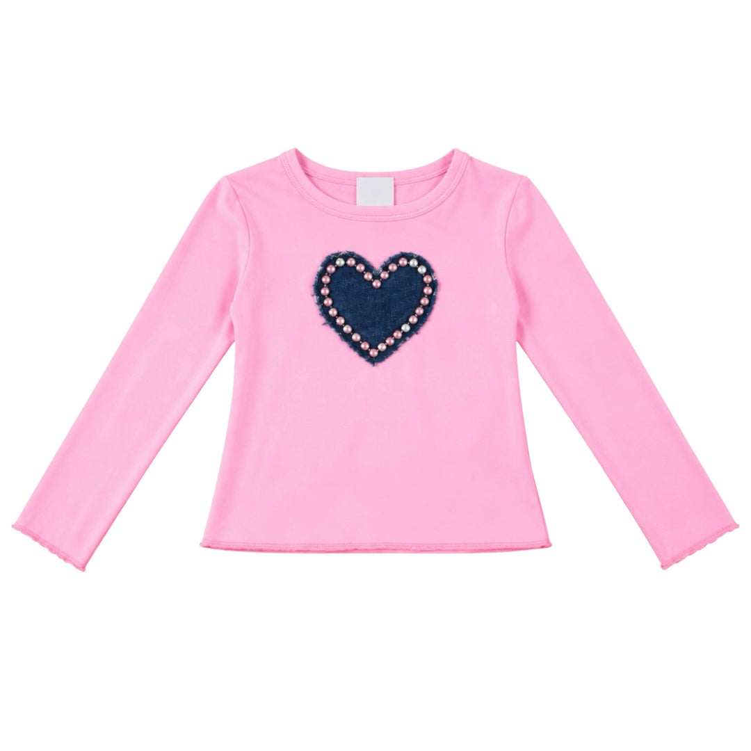 PINK L/S DENIM HEART TEE