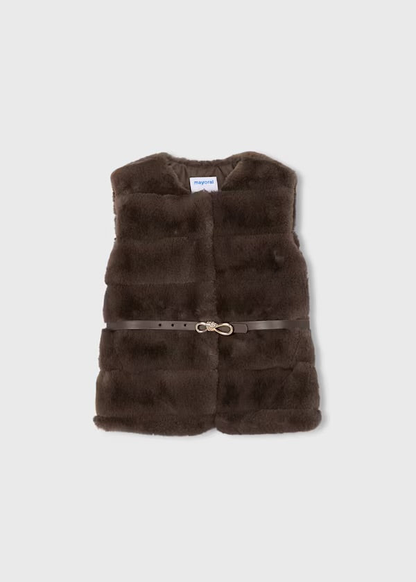 FAUX FUR BELTED VEST | BROWN