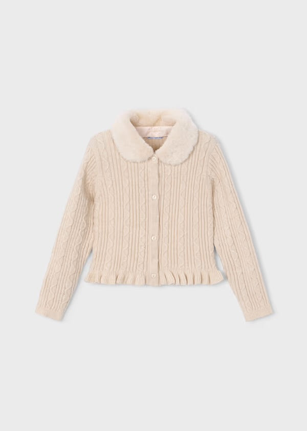 KNIT CARDIGAN W/ FAUX FUR COLLAR