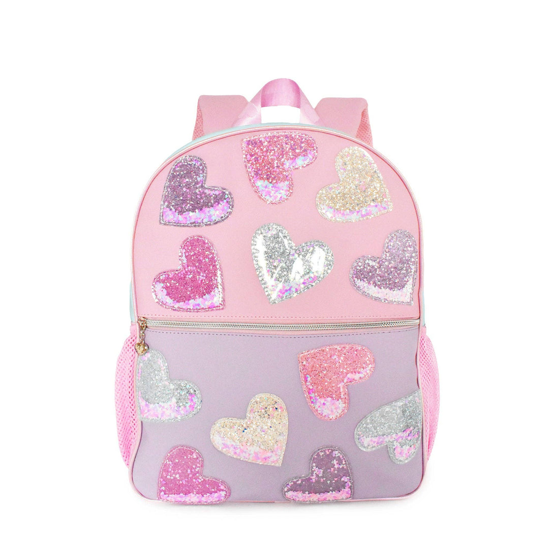 CONFETTI HEART PATCHED COLOR BLOCK LARGE BACKPACK WITH PENCIL CASE