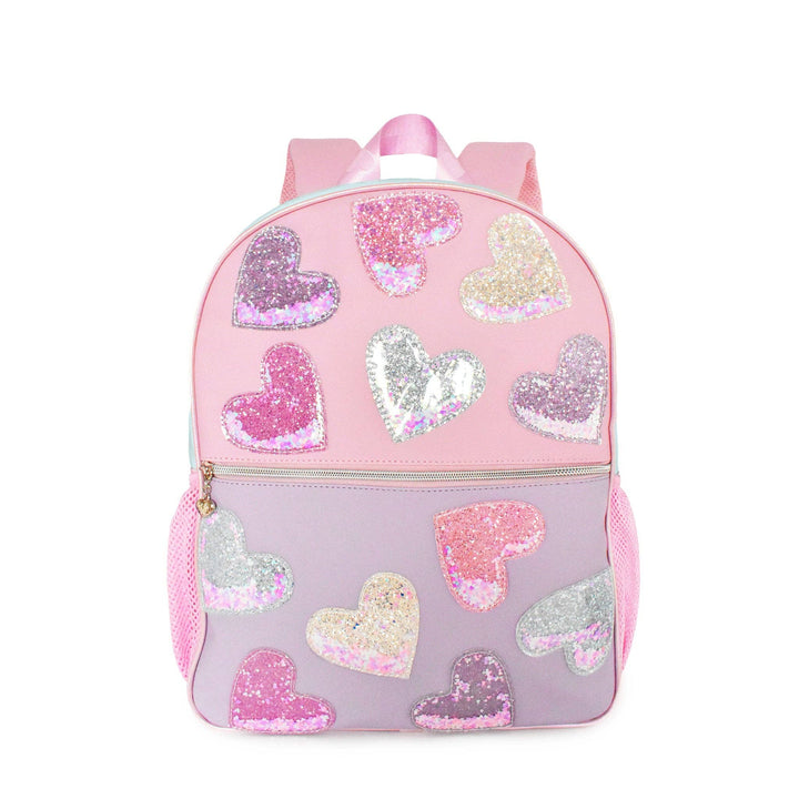 CONFETTI HEART PATCHED COLOR BLOCK LARGE BACKPACK WITH PENCIL CASE
