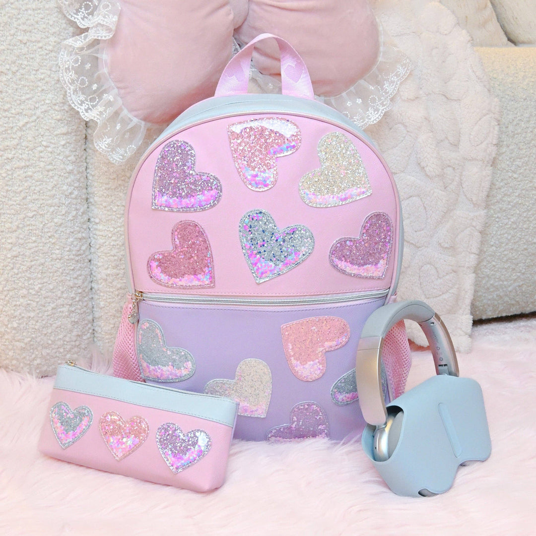 CONFETTI HEART PATCHED COLOR BLOCK LARGE BACKPACK WITH PENCIL CASE