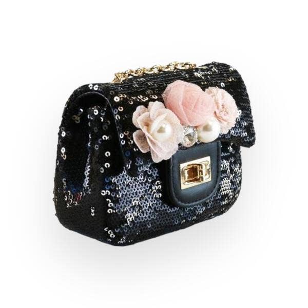 FLORAL APPLIQUES SEQUIN PURSE | BLACK
