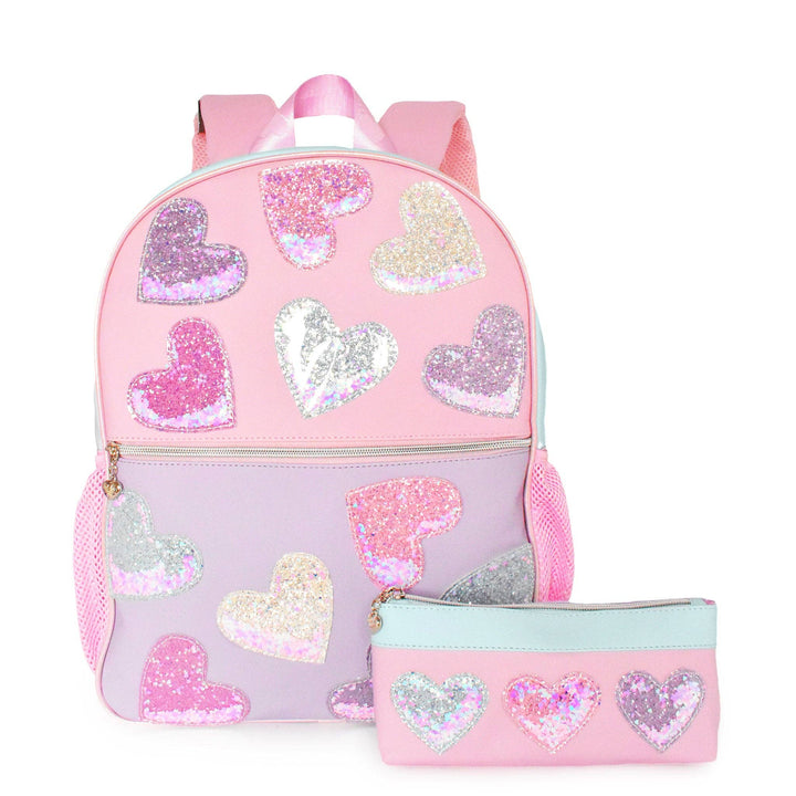 CONFETTI HEART PATCHED COLOR BLOCK LARGE BACKPACK WITH PENCIL CASE
